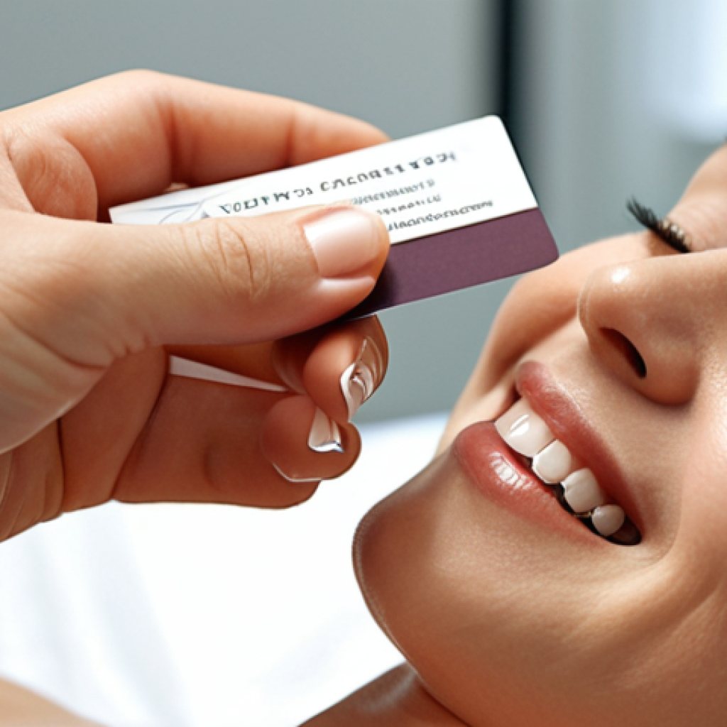 A warm, close-up shot of an esthetician with a gentle smile making direct eye contact as she professionally hands a beautifully designed business card to a client. Focus on the graceful exchange of hands and the card, emphasizing sincerity, trust, and a personal connection. The background is a softly blurred, inviting skincare studio, reflecting an authentic human touch in a digital age. --ar 16:9 --v