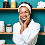 Skincare Routine**

A woman with a gentle smile applying moisturizer to her face in a bright, clean bathroom. She is wearing a modest headband and a comfortable, fully clothed robe. The background includes skincare products on a shelf and a fluffy towel. Perfect anatomy, correct proportions, natural pose, well-formed hands, proper finger count, natural body proportions, safe for work, appropriate content, fully clothed, modest, family-friendly, professional photography, high quality.

**