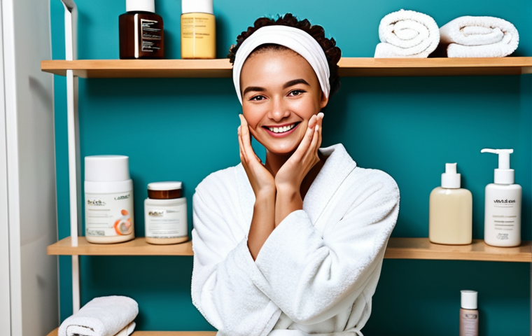Skincare Routine**
A woman with a gentle smile applying moisturizer to her face in a bright, clean bathroom. She is wearing a modest headband and a comfortable, fully clothed robe. The background includes skincare products on a shelf and a fluffy towel. Perfect anatomy, correct proportions, natural pose, well-formed hands, proper finger count, natural body proportions, safe for work, appropriate content, fully clothed, modest, family-friendly, professional photography, high quality.
**