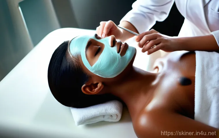 피부관리사 자격증 종류와 차이점 - A professional female aesthetician, dressed in a clean, crisp white lab coat, meticulously applies a...