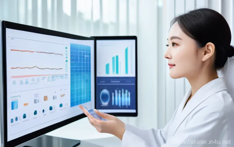 피부관리사의 고객 맞춤 관리 전략 - A brightly lit, modern K-beauty clinic. A professional female aesthetician, in a crisp white uniform...