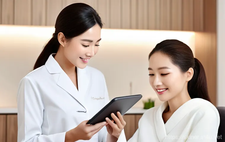 피부관리사의 고객 맞춤 관리 전략 - Inside a sophisticated personalized cosmetics laboratory or compounding station. A focused female co... 피부관리사의 고객 맞춤 관리 전략 - Inside a sophisticated personalized cosmetics laboratory or compounding station. A focused female co...