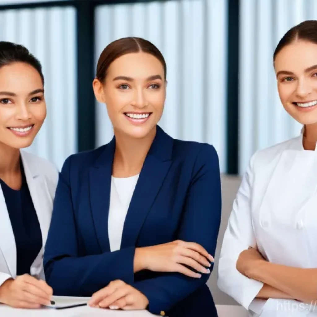 피부관리사 네트워킹 팁 - A group of three diverse female skincare professionals, aged late 20s to early 40s, are gathered aro...