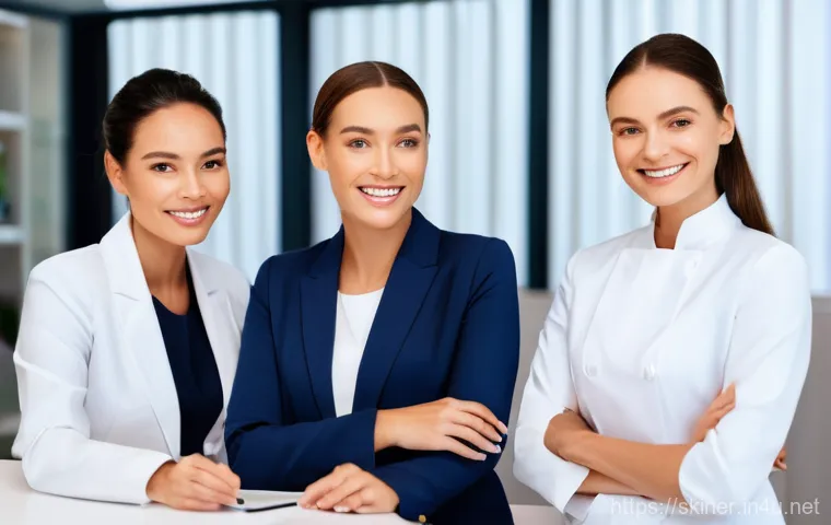 피부관리사 네트워킹 팁 - A group of three diverse female skincare professionals, aged late 20s to early 40s, are gathered aro...