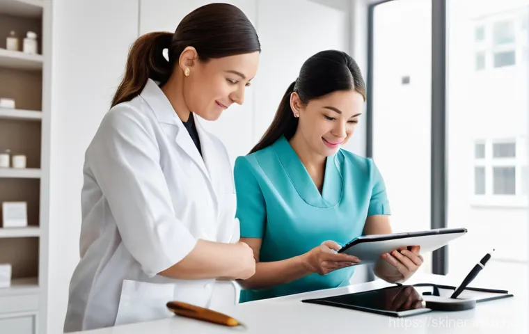 피부관리사 네트워킹 팁 - A group of three diverse female skincare professionals, aged late 20s to early 40s, are gathered aro...