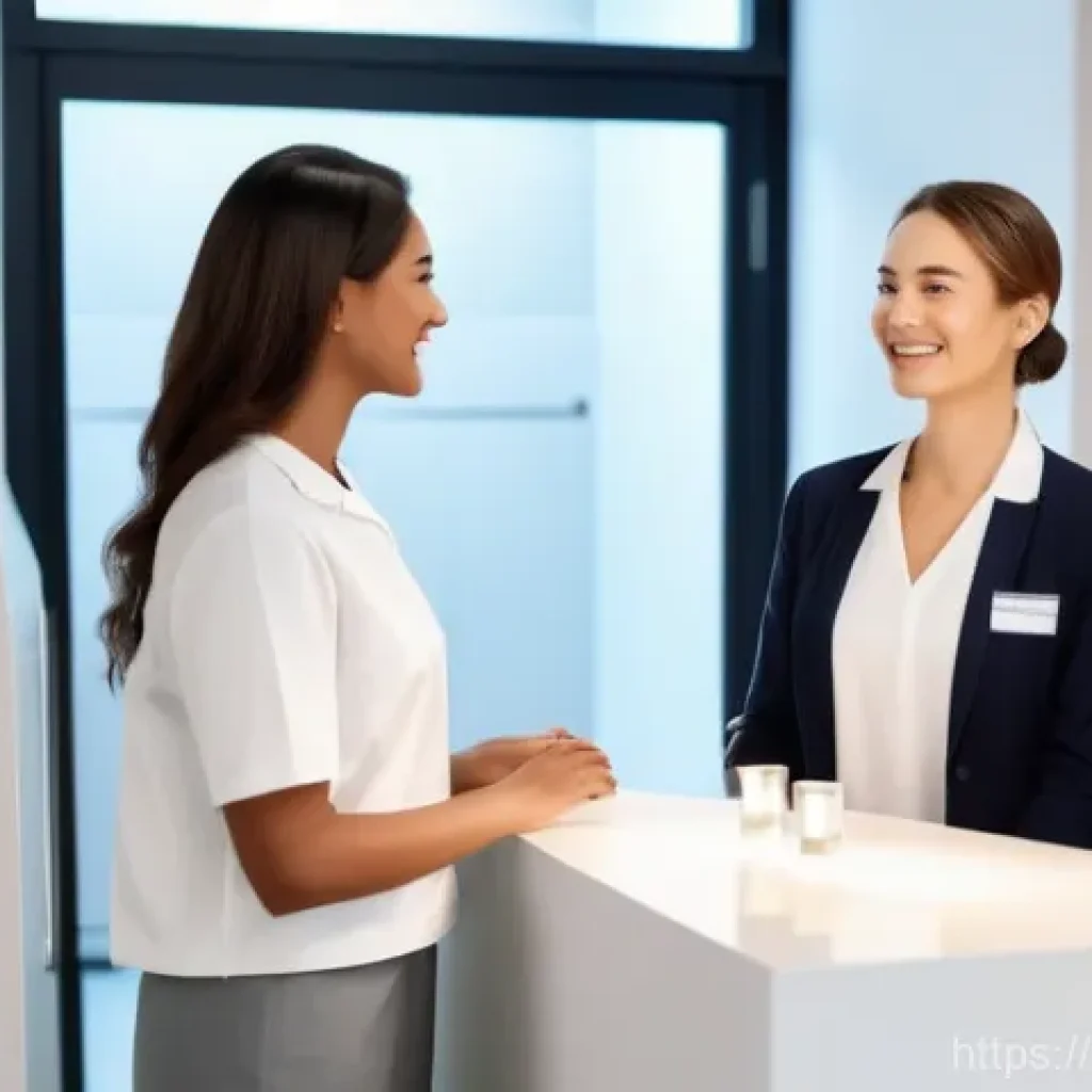 피부관리사의 고객 응대에서의 조언 사례 - A professional female skincare specialist, wearing a pristine, light-colored uniform, warmly greets ...