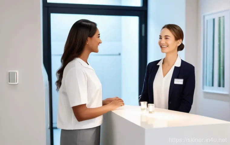 피부관리사의 고객 응대에서의 조언 사례 - A professional female skincare specialist, wearing a pristine, light-colored uniform, warmly greets ...