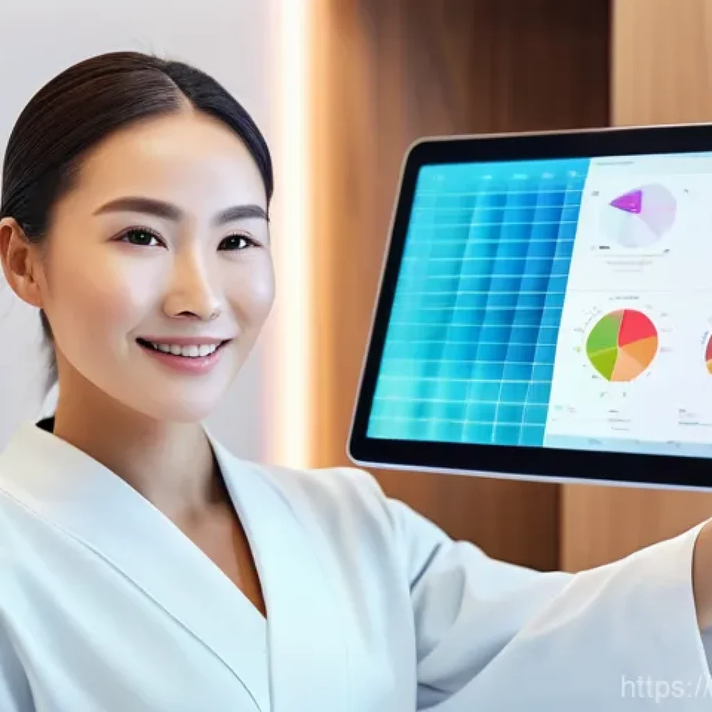 피부관리사의 지역별 클리닉 특성 분석 - **AI-Driven Personalized Skin Analysis:** A diverse female client, in her late 30s, with a gentle sm...