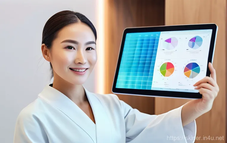 피부관리사의 지역별 클리닉 특성 분석 - **AI-Driven Personalized Skin Analysis:** A diverse female client, in her late 30s, with a gentle sm...