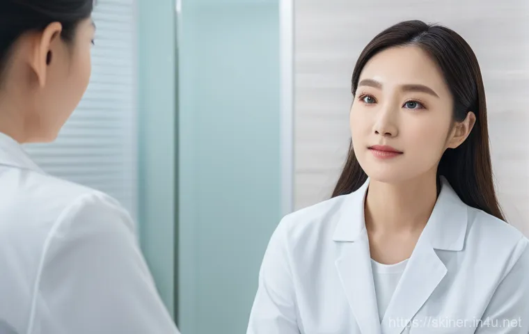 피부관리사의 고객 관리에서의 학습 사례 - A kind and professional female Korean aesthetician, dressed in a clean, modern uniform, is engaged i...