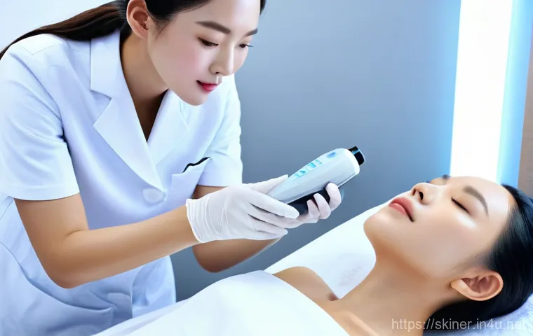피부관리사의 고객 관리에서의 학습 사례 - A kind and professional female Korean aesthetician, dressed in a clean, modern uniform, is engaged i...