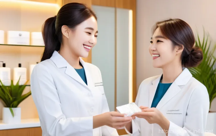 피부관리사의 고객 관리에서의 학습 사례 - A focused and skilled female Korean aesthetician, wearing a white lab coat, is meticulously performi...