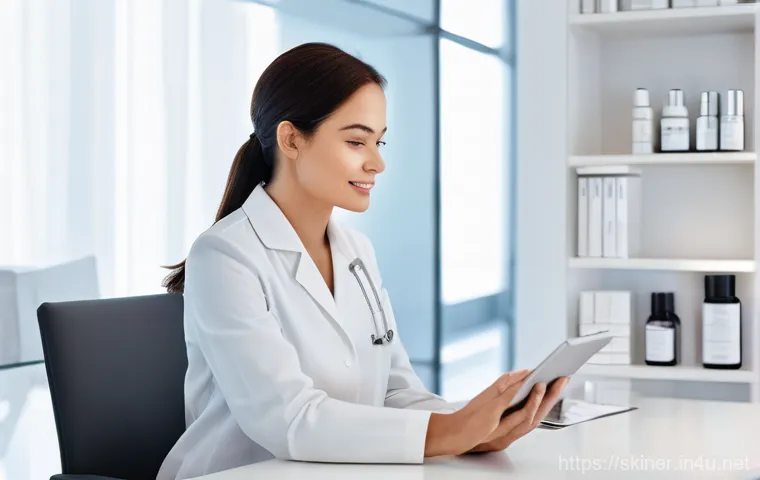 피부관리사로서의 직업윤리와 규범 - **Prompt:** A professional female skin aesthetician in a clean, elegant uniform (e.g., white tunic o...