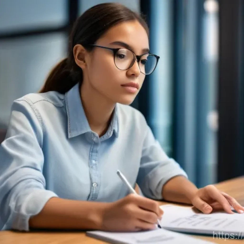 피부관리사의 시험 대비 학습법 - A young woman, dressed in smart casual attire, sits intently at a clean, modern desk. Her laptop is ...