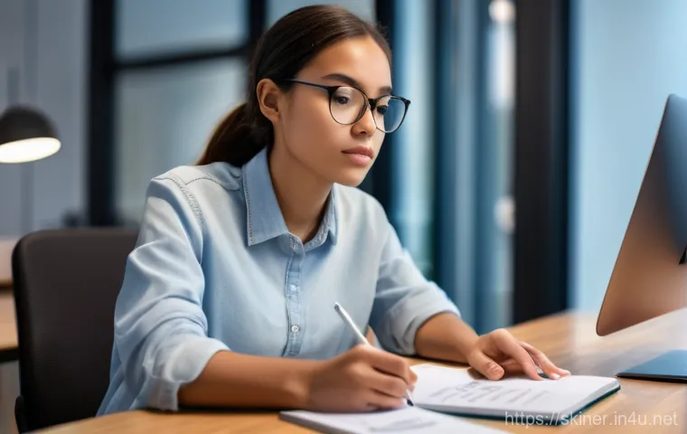 피부관리사의 시험 대비 학습법 - A young woman, dressed in smart casual attire, sits intently at a clean, modern desk. Her laptop is ...