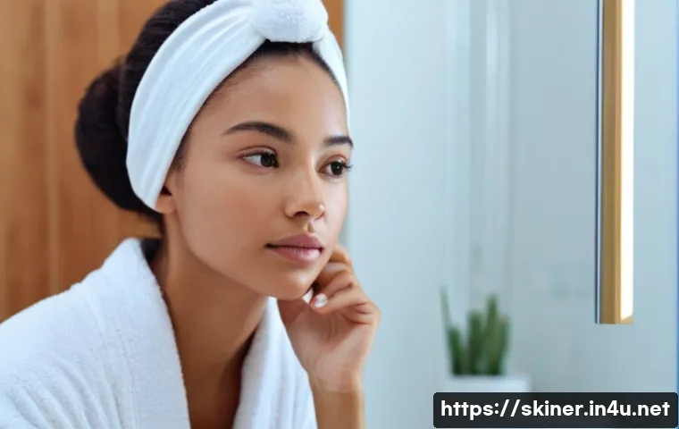 피부관리 이론 핵심 정리 - **Prompt 1: Understanding Your Skin Type**
A thoughtful woman in her late 20s, wearing a comfort...