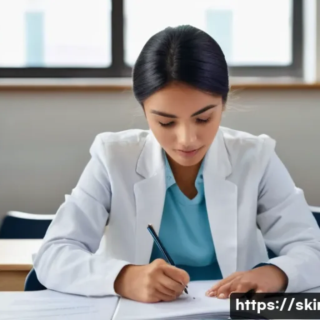 피부관리사의 취업 준비 체크리스트 - A focused and diligent female student in her late 20s, wearing a clean, light-colored uniform, study...