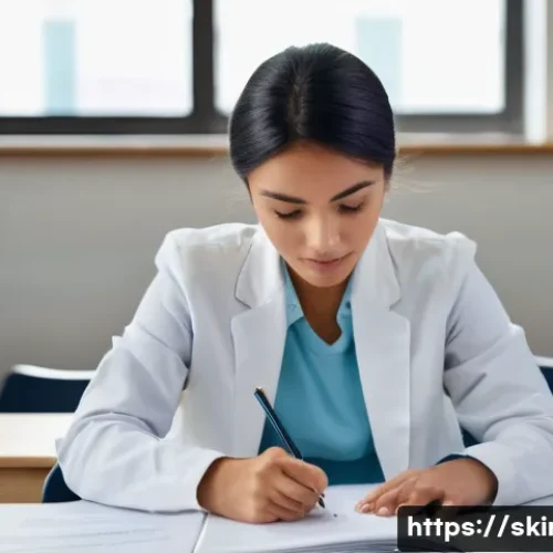 Home 17 피부관리사의 취업 준비 체크리스트 - A focused and diligent female student in her late 20s, wearing a clean, light-colored uniform, study...