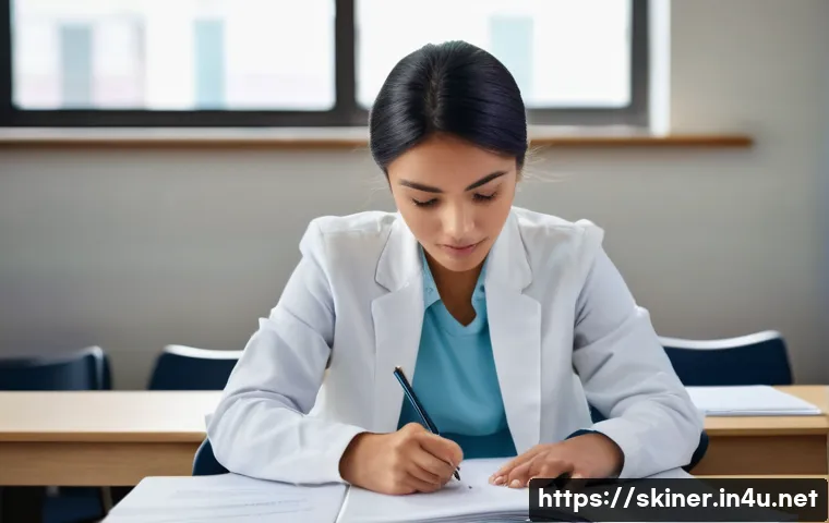 피부관리사의 취업 준비 체크리스트 - A focused and diligent female student in her late 20s, wearing a clean, light-colored uniform, study...